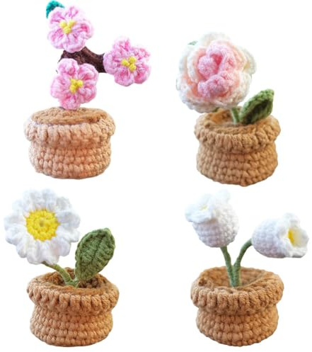 Magicherry Häkelblumen, Topfpflanzen, handgestrickt, Rose, Pflaumenblüte, Maiglöckchen, Gänseblümchen, künstliche Wollgarn, Blumen für Auto, Armaturenbrett, Zuhause, Büro, Tischregal, Dekoration