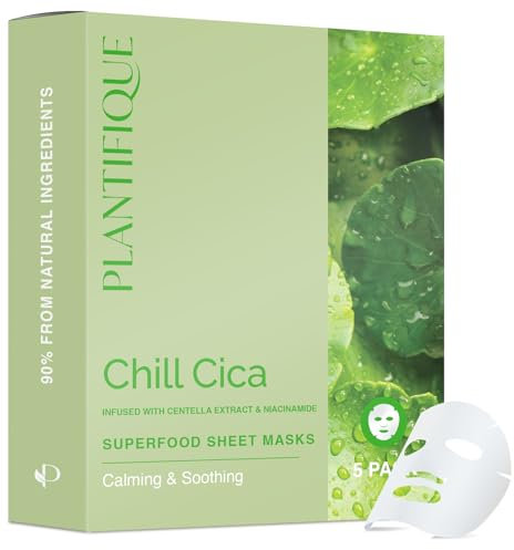 PLANTIFIQUE Koreanische Gesichtsmaske 5-Pack mit Superfoods - Centella, Niacinamid & Hyaluronsäure– Feuchtigkeitsspendende, beruhigende und lindernde Tuchmasken - Korean Face Mask