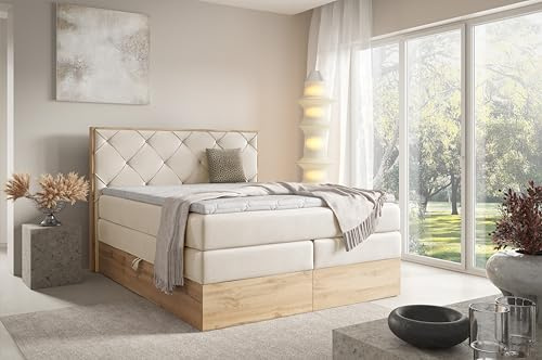 FURNISTAR Echtes Boxspringbett LOFT IV Premium 160x200 mit 7-Zonen Taschenfederkern Matratze und Bettkasten - Familienbett mit Topper Stauraum Wotan Eiche Platte Polsterbett Hotelbett - Beige