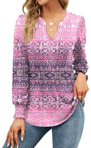 EFFAN Womens Tops V Neck Long Sleeve Christmas Elegant Floaty Floral Printed The Holiday Shirt Party Tunic Blouse Boho Pink XL (UK 18-20)