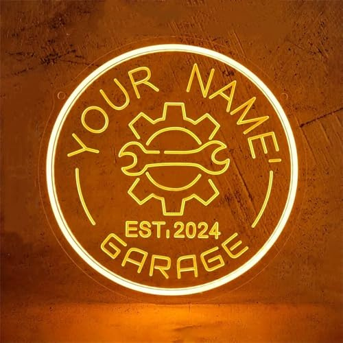 Benutzerdefiniertes Garagen-Neonschild zur Wanddekoration Anpassbarer Name Neon-Garageschild mit Zahnraddesign Personalisierte LED-Leuchten für Autowerkstatt Männerhöhle Werkstatt Geschenk für Papa