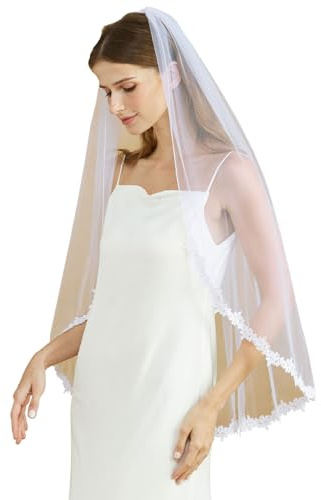 BEAUTELICATE Brautschleier Softtüll Schleier Braut Spitze Fingertip Einlagiger Schleier mit Metall Kamm für Hochzeit Jga, Weiß