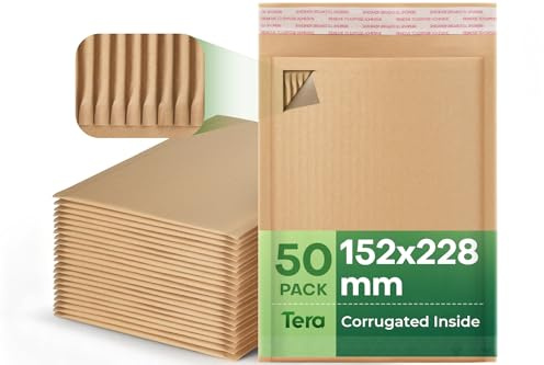 Tera Wellpappe Gepolsterte Kraftpapier Versandtaschen A5: 152 × 228 mm 50er Pack 80gsm Verdickt Gepolstert Selbstklebend Recycelbar Verpackungsmaterial für Karten Schmuck Fotos Versandtüten