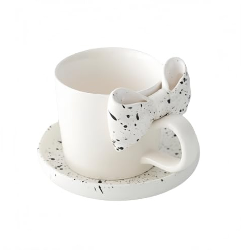 HUMOCHUSON Coffee Mugs300Ml Ceramic Coffee Cup and Saucer Set Bow Mug Household Women's Exquisite Water Cup Suitable for Latte American Style - White Ink Dot
