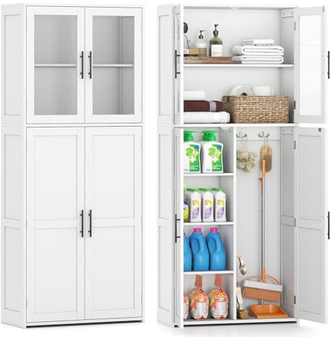 COSTWAY Armario Alto de Baño, Organizador Utilitario de Madera con Puertas, Estantes y Ganchos para Fregonas, Gabinete Independiente para Herramientas de Limpieza Oficina Casa, 70 x 30 x 168 cm