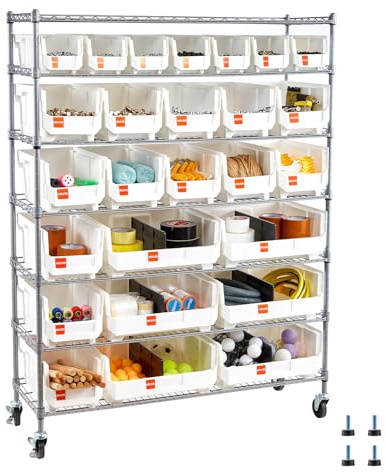 VEVOR 7-Tier Rolling Bin Storage Rack, 26 Organizer Bins, Bin Rack Storage Steel Wire Shelving System with Wheels, Mobile Tool Organizer for Garage, Warehouse, Office, Restaurant, Kitchen, Classroom