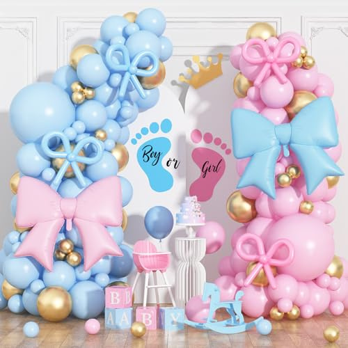 Kit d'arche de ballons roses et bleus de 121 pièces pour garçon ou fille - Guirlande de ballons avec nœud en aluminium - Bleu pastel, rose, doré métallisé - Ballons de fête d'anniversaire pour lui ou