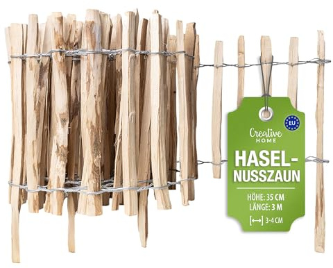 Creative Home Staketenzaun 35cm hoch und 3m lang | Lattenabstand 3-4 cm | Haselnusszaun | Rollzaun | Gartenzaun Holz Holzzaun | Zaun Garten Ideal als Rasenkante Blumenbeet Umrandung aus Haselnuss