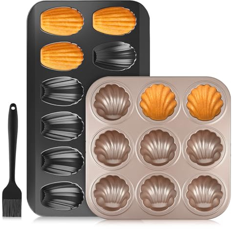 ceotis Madeleines Baking Tin 3 Piece Madeleine Baking Sheet Bear Paws Baking Tin Made of Carbon Steel with Non-Stick Coating, 12 and 9 Cavities, Baking Brush Included for Cookies, Chocolate, Brownies