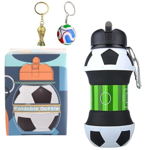 GVMJHYK Botella de agua plegable de silicona de fútbol 550 ml, a prueba de fugas y caídas con llavero, sin BPA, portátil para deporte, viaje, colegio, regalo para niños y adultos