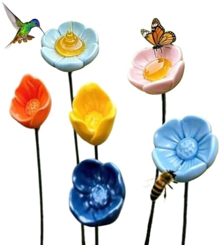 Trinkbecher für den Garten - 6 Stück Insektenbad mit Erdspieß - Bunte Trinkstation aus Keramik in Blumenform für Schmetterlinge,Vögel, Außenbereich, Garten, Terrasse, Gehweg, Wiese, Außendekoration