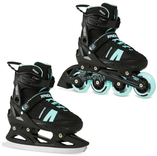 RAVEN Profession Inlineskates Inliner für Kinder und Erwachsene OPTIONAL 2in1 mit Schlittschuhen verstellbar (Plus Black/Mint mit Kufen, 31-35 (20,5cm-23cm))