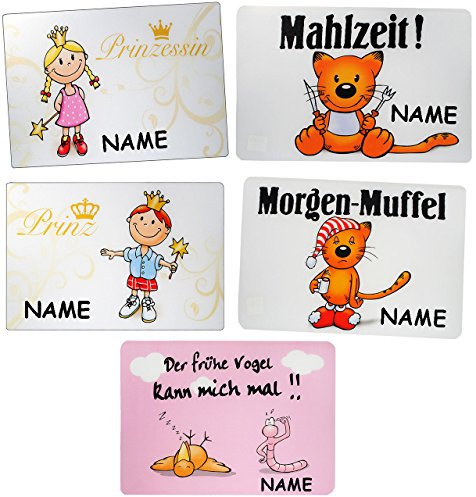 alles-meine.de GmbH 2 Stück Unterlagen - lustige Motive - incl. Name - 44 cm * 29 cm - Platzset & Tischset - abwischbar/Tischunterlage - Platzdeckchen/Malunterlage/Kn..