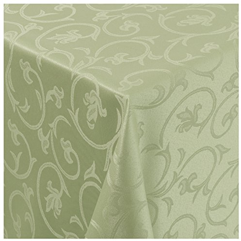 Tischdecke Damast Stoff Barock Tulpen Tischtuch Bügelarm eckig 130x280 cm in Lind-Grün mit umgenähtem Rand Premium Qualität