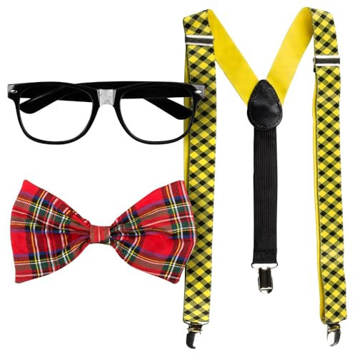 Boland 02606 - Nerd Set für Kostüme, Zubehör für Karneval, Kostüm-Set, Fliege, Brille und Hosenträger,