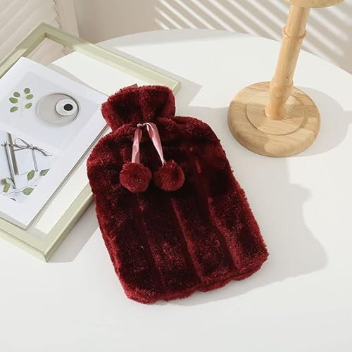 RHP Wärmflasche mit Super Soft Luxury Plüschbezug Kunstfell 2L Wärmflasche mit Bezug Naturgummi Wärmekissen Flasche Weich Warm Geschenk (Rot)