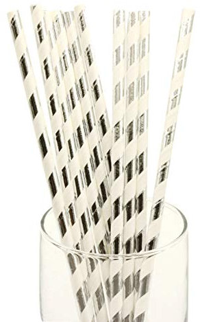 Fancy Paper Drinking Straws 100 Pcs Bulk Biodegradable Plastic Free Straws For Parties, Baby Birthdays, Weddings Party, Diy Decorations, Valentines, In Bright Color Striped (Silver With White Stripes)