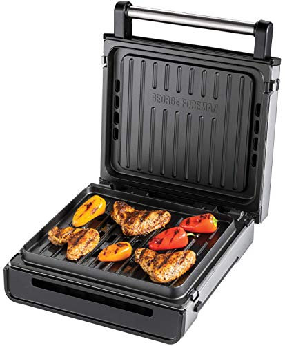 George Foreman Griglia a contatto e Piastra per panini - Smokeless - 87% di fumo in meno - Piastre grill rimovibili e lavabili in lavastoviglie; Temp. Grill 200°C, Copertura in acciaio Inox, 28000-56