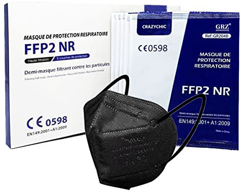 CRAZYCHIC - 10 Pezzi Mascherine FFP2 Nere Certificate CE EN149 - Maschera di Protezione Antiparticolato - 5 Strati BFE Alta Filtrazione Confezionate Singolarmente CE 0598