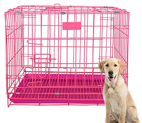 Extra-stark Metalldraht Hundekiste Leicht Zusammenzubauen Hundeträger Abnehmbar Dauerhaft Hundekäfigkiste Für Klein Hunde Mit Plastik Tablett Fußpolster Futternapf Stoff Hundehütte-Rosa 61x42x50cm