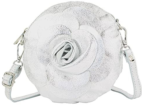 modamoda de T225 Damen Leder Umhängetasche Abendtasche Clutch Blüte Klein handmade in Italy, Farbe:Silber-Metallic