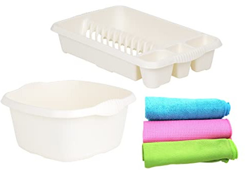 JMS we create smile [𝐒𝐞𝐭 𝐨𝐟 𝟑] Soft Cream Plastic Square Washing Up Bowl with Medium Dish Drainer & Multipurpose Microfiber Cleaning Cloths-Kitchen Set