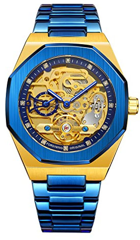 BOLYTE Armbanduhr Herren Analog Automatik Edelstahl Mechanische Skelett Männer Uhr Glas Rückseite, Blaugold