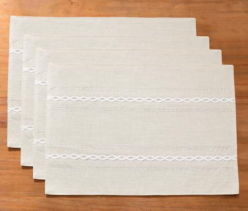 Wracra Beige Placemats Set of 4, Washable Hollow Place Mats for Table 4 | 30 x 45 cm, Cotton Linen, Woven Fabric Table Placemats, Embroidered Hollow Design, Machine Washable, Heat-Resistant, Durable