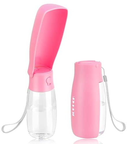 JOPHEK 550ML Botella de Agua para Mascotas, 180°Plegable Botellas de Agua para Perro Gato con Botón de Bloqueo y Filtro de Carbón Activado para Acampar a Pie Todos los Días Rosa