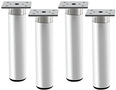 Rusoz 4 Pièces Pieds de Meuble Reglable,Pieds de Table Metal 200 mm Hauteur Pieds De Lit Alliage D'aluminium Argent Mat Rond Hauteur Réglable 0-20 mm avec Vis pour Canapé, Lit, Et Armoires