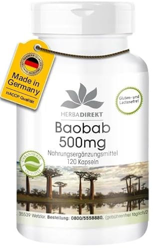 Baobab 500mg - 120 Kapseln - Früchte des Affenbrotbaums - hochdosiert - vegan | Herbadirekt - Deutsche Apothekenqualität