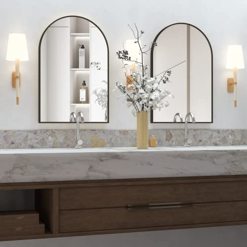 NEUWEABY Wandmontierter Spiegel, Gewölbter Wandspiegel für das Badezimmer, 50x75 cm Bogen Badezimmer Spiegel mit Metallrahmen, 2 Stück Schwarzer Eitelkeitsspiegel Dekor für Schlafzimmer