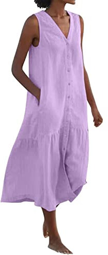 Susenstone Femme Robe d'été Lin sans Manches Ample Sport Décontractée Été Élégant Loisirs Vintage Grande Taille Tank Robe Bretelles Pas Cher Ultraléger Lâche Personnalisé Couleur Unie Violet XXL