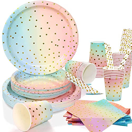 80pcs Colorful Paper Plates Cups Napkins, 20 Guest Disposable Party Dinnerware Set Pink and Gold Tableware Set Paper Plates Cups Napkins Straws Rainbow Tableware Set for Birthday, Wedding
