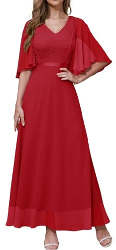 DRESSTELLS Festliche Abendkleid Damen Hochzeit Rot Spitzenkleid Brautkleid Standesamt Chiffon Cape Ärmel Elegant Lang Festliches Partykleid Red S