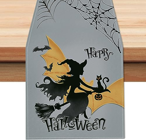 Bonhause Tischläufer Halloween Hexe Geist Tischläufer Spinnennetze Kürbisse Küche Esstisch Dekoration für Drinnen Draußen Urlaub Party Waschbar Wohnkultur Tafeltuch (33 x 183 cm)