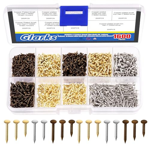 Glarks Kit de 1600 clavos pequeños para madera, tornillos de madera, oro, plata, bronce, 1 x 6 mm, 1 x 8 mm, 1 x 10 mm, mini clavos para accesorios de bricolaje, instalación fija