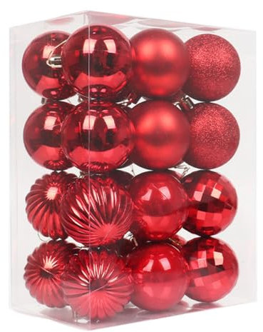 24 Pieces 60mm Christmas Baubles Xmas Ball Ornaments, Red Shatterproof Plastic Hanging Decorations, Glitter Christmas Tree Pendants for Home Party Wedding Holiday, Red