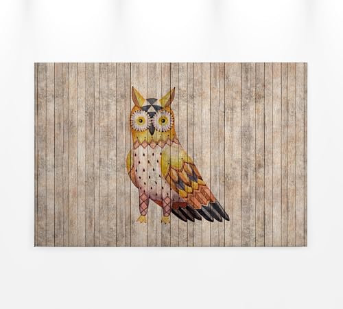 A.S. Création Leinwandbild Eule auf Holz-Optik Tiere - Kunstdruck braun gelb - 90x60 cm Querformat - Moderne Wanddekoration Schlafzimmer Wohnzimmer Küche - Bild auf Keilrahmen