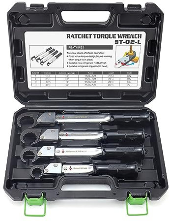 Ratchet Torque Wrench Kit, 18-75 Nm Adjustable Hvac Service Wrench, Copper Cap Bell Mouth Wrench for 1/4,3/8,1/2'',5/8 Copper Tube, Open End Torque Wrench Refrigeration Air Conditioning Wrench