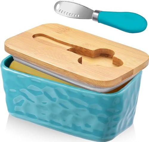 Butterdose mit Deckel Buttermesser Butterdose Keramik Butterdose Glas Butterdose Porzellan Butterschale mit Deckel Butterglocke für 250g Butter (Hellblau)