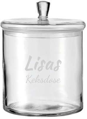 LUXENTU Glasdose mit personalisierter Gravur, Individualisierbare Keksdose mit Deckel, Handgefertigte Dose für Süßigkeiten, 2-zeilige Personalisierung, Wichtelgeschenk