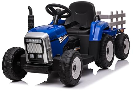 FINOOS Kinder Elektro Traktor 12V mit Schaufel & abnehmbarem Anhänger - Kinder-Elektrofahrzeug mit LED-Licht & Musik & Hupe, 2,4G Fernbedienung, 2-5km/h (Blau)