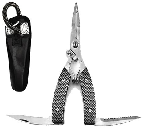 Njord Kalastus Angelzange 20cm 5in1 Hakenlöser, Messer, Säge, Sprengringzange & Draht Schneider mit Etui und Karabiner Kabel Sicherung | Angel Zange Hakenlöser Angeln Springringzange (Carbon Look)