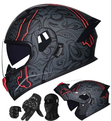 BDBLFLTZ Motorcycle Helmet,Full Face Flip Up Motorradhelm ECE-geprüft,Integrierter Helm mit Doppelvisier für Erwachsene Männer Frauen Mit Visier und Handschuhe H,XXL(61-62CM)