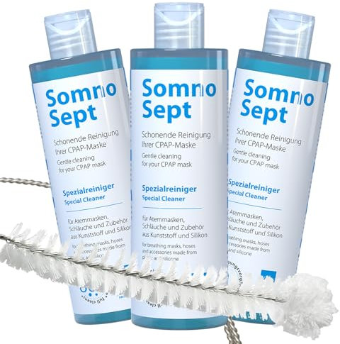 CPAP-Reinigungspaket SomnoSept – 3x CPAP-Reiniger SomnoSept 400 ml UND 1x oxyhero brush Edelstahl CPAP-Schlauchbürste 120 cm, 19 mm Durchmesser – Gründliche Reinigung von CPAP-Maske und CPAP-Schlauch