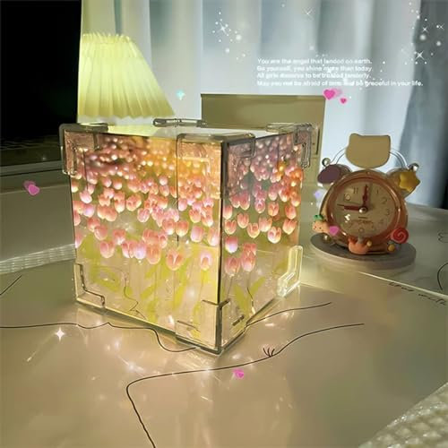 EHOTER DIY Tulip Cube Spiegellampe 2024 Neues DIY Tulpe Nachtlicht 21 Handgemachte DIY Tulpe Blume Magic Cube Spiegel Nachtlicht Kreatives Geschenk für Freundinnen Mama (Rosa)