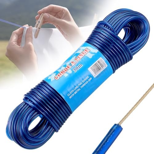 30m Cuerda Tendedero Exterior, Cuerda para Tender Ropa Exterior de Alta Resistencia Núcleo de Acero, Fuerte 4mm Dia Cordel Tender Ropa, Cuerda para Tendedero de Ropa Antióxido e Impermeable,120KG LC