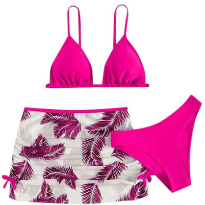 Maillot De Bain Enfant Fille Triangle 6-16 Ans Ensembles de Bikini 3 Pieces Haut De Maillot De Bain Rembourré + Tanga Ado Fille Tropical Plage Piscine Natation Vacances (Rose, 14-16 Ans)