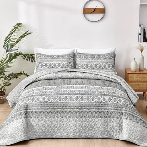 WONGS BEDDING Tagesdecke 240x260 Bettüberwurf Boho Decke Steppdecke 3 Teilig Doppelbett Gesteppt Bettdecke Mikrofaser Wohndecke mit 2 Kissenbezug 50x75 für Schlafzimmer als Sofaüberwurf (Grau)